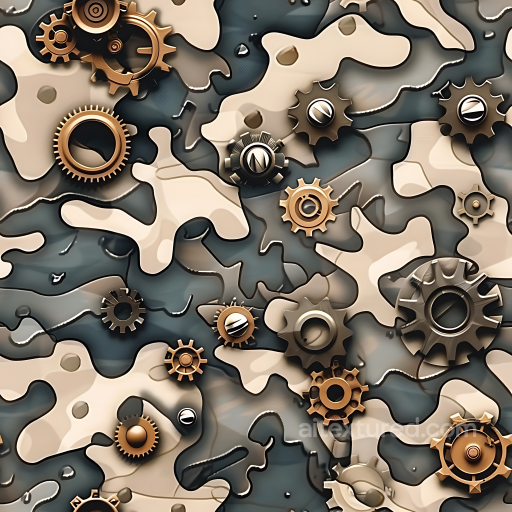Steampunk Desert Camouflage PBR Texture with Metallic Gear Elements seamless Color Camouflage PBR texture