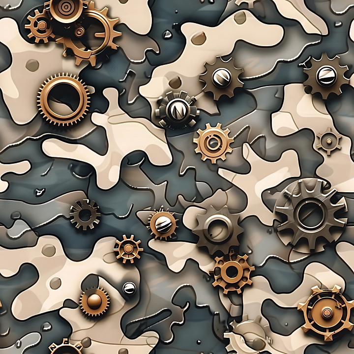 Steampunk Desert Camouflage with Metallic Gear Elements seamless PBR texture preview