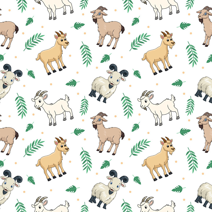 Pattern with Playful Cartoon Goats and Greenery seamless PBR texture preview