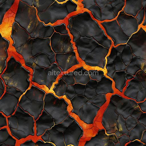 Seamless 3D Cracked Volcanic Lava PBR Texture with Fiery Orange Cracks