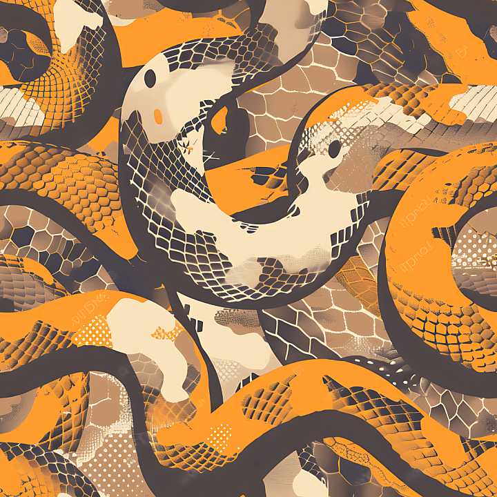 Stylized Snake Scale Camouflage with Orange and Brown Palette seamless PBR texture preview