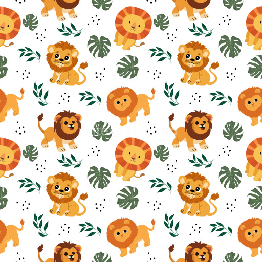 Pattern Bundle - Seamless 3D Pattern PBR Texture with Playful Lion Cartoon Motifs and Tropical Leaves texture preview