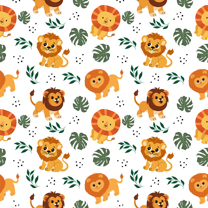 Pattern with Playful Lion Cartoon Motifs and Tropical Leaves seamless PBR texture preview