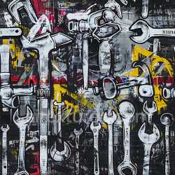 seamless Seamless 3D PBR Texture Featuring Wrench Graffiti with Black, White, Red, and Yellow Spray Paint texture 8k free download PBR