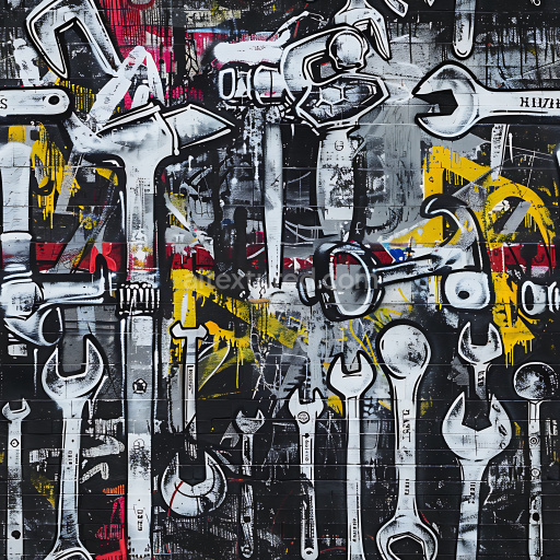 Seamless 3D PBR Texture Featuring Wrench Graffiti with Black, White, Red, and Yellow Spray Paint