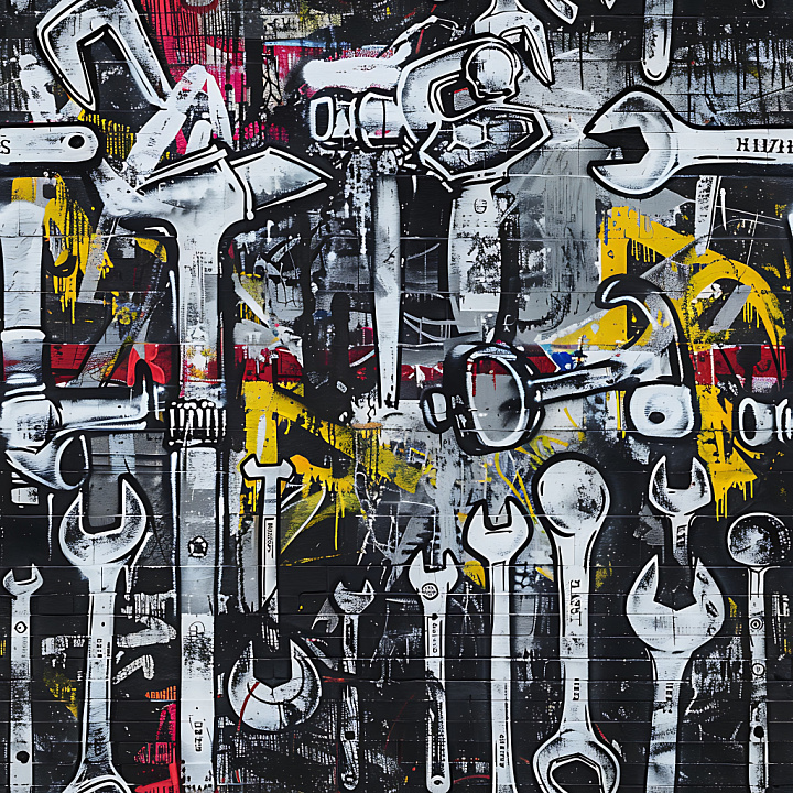 Featuring Wrench Graffiti with Black, White, Red, and Yellow Spray Paint seamless PBR texture preview