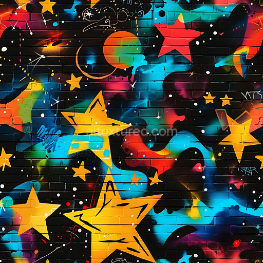 Seamless 3D PBR Graffiti Texture Featuring Vibrant Stars and Cosmic Patterns