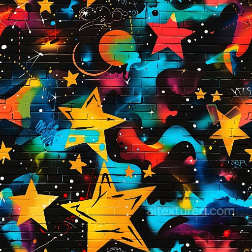 Seamless 3D PBR Graffiti Texture Featuring Vibrant Stars and Cosmic Patterns texture preview