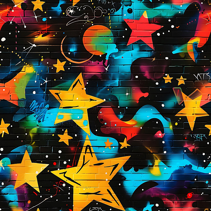 Graffiti Featuring Vibrant Stars and Cosmic Patterns seamless PBR texture preview