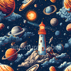 seamless Seamless 3D Space PBR Texture Featuring Stylized Cosmic Lighthouse and Planets with Nebula Clouds texture 8k free download PBR
