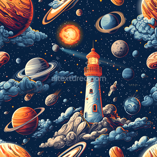 Preview — Seamless 3D Space PBR Texture Featuring Stylized Cosmic Lighthouse and Planets with Nebula Clouds