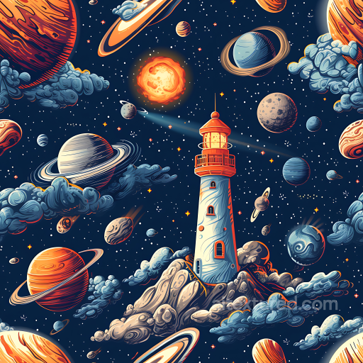 Space PBR Texture Featuring Stylized Cosmic Lighthouse and Planets with Nebula Clouds seamless Star, space, planets PBR texture