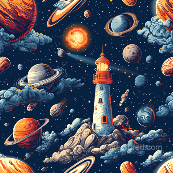 Space PBR Texture Featuring Stylized Cosmic Lighthouse and Planets with Nebula Clouds Star, space, planets texture preview