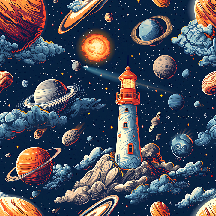 Space Featuring Stylized Cosmic Lighthouse and Planets with Nebula Clou… seamless PBR texture preview