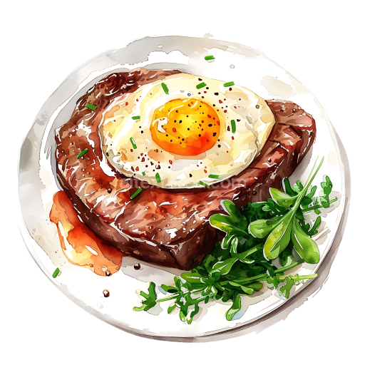 Breakfast Beef Steak with Sunny-Side Egg and Fresh Greens Illustration