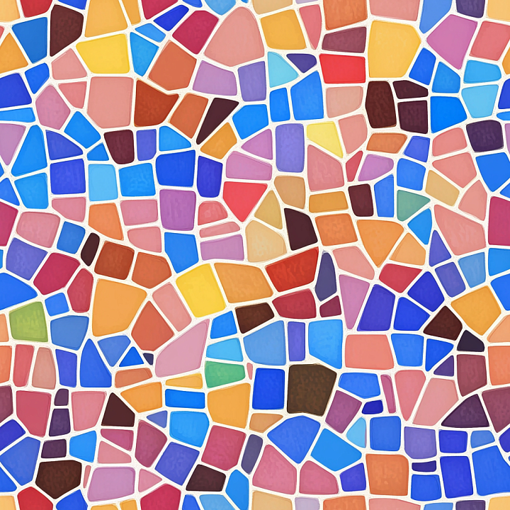 Mosaic with Bright Ceramic Tiles and Irregular Geometric Layout seamless PBR texture preview