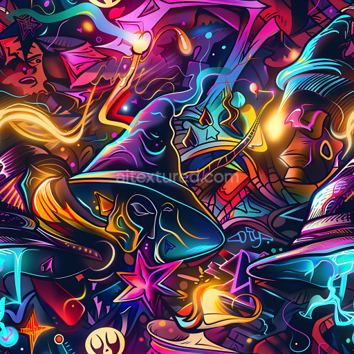 Seamless 3D PBR Texture of Vibrant Neon Graffiti with Abstract Magical Motifs