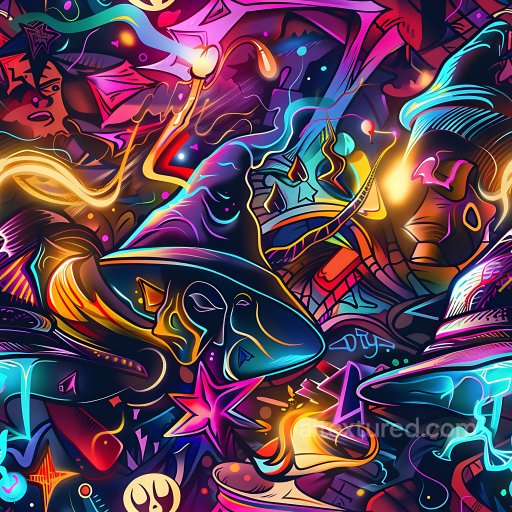 Seamless 3D PBR Texture of Vibrant Neon Graffiti with Abstract Magical Motifs texture preview