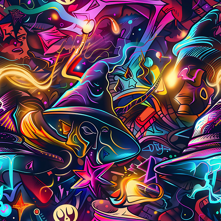 Vibrant Neon Graffiti with Abstract Magical Motifs seamless PBR texture preview