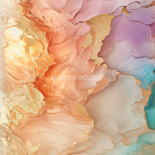 Seamless 3D Alcohol Ink PBR Texture Featuring Gold-Infused Peach and Lavender Swirls
