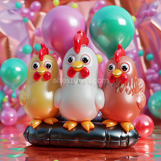Seamless 3D Inflated PBR Texture Featuring Glossy Vinyl Chicken Plush in Colorful Setting