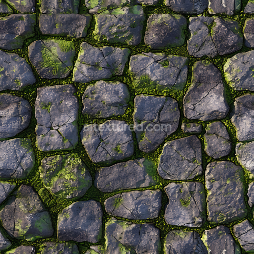 Seamless 3D PBR Texture of Weathered Stone Cobblestone with Natural Moss Growth