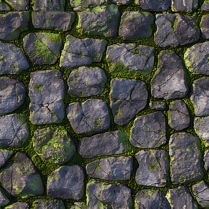 Weathered Stone Cobblestone with Natural Moss Growth seamless PBR texture preview