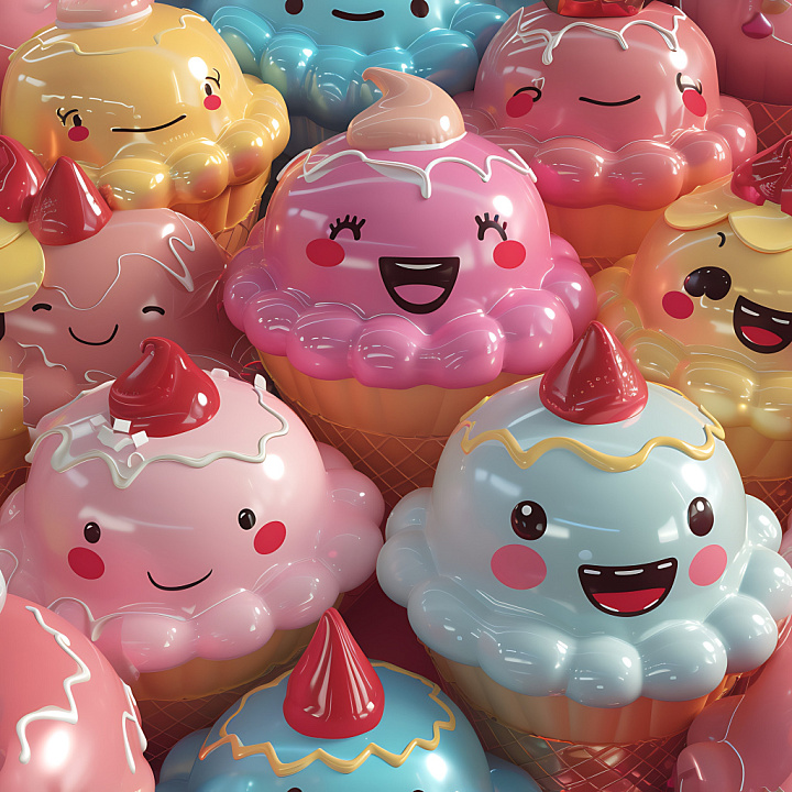 Inflated of Glossy Colored Vinyl Cupcakes with Playful Faces seamless PBR texture preview