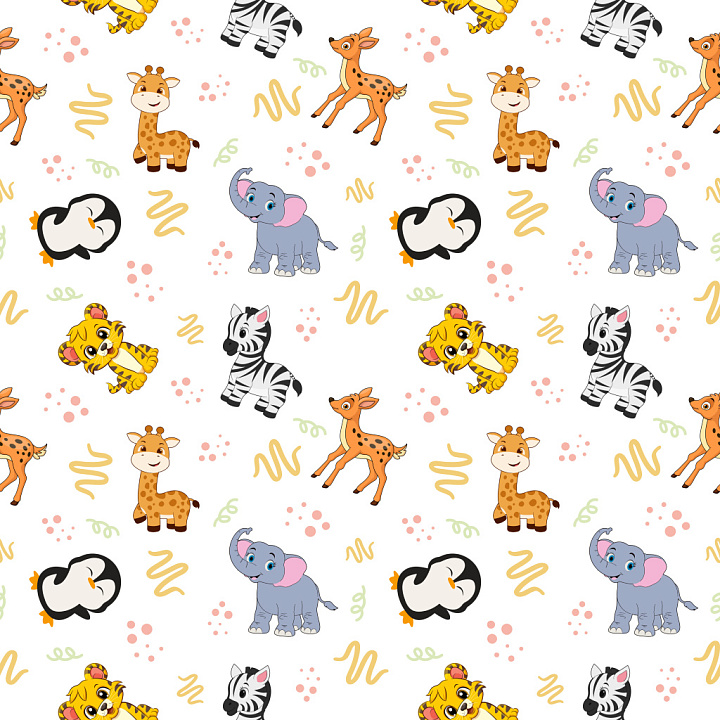 Pattern Featuring Playful Cartoon Safari Animals on White seamless PBR texture preview