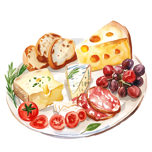 Ploughman's Lunch Breakfast Cheese Platter with Bread, Meats, and Fresh Produce Illustration