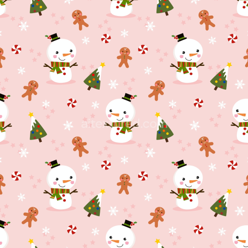 Seamless 3D PBR Christmas Pink Festive Pattern Texture with Snowmen, Trees, and Candy