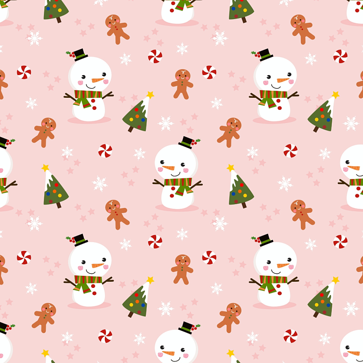 Christmas Pink Festive Pattern with Snowmen, Trees, and Candy seamless PBR texture preview