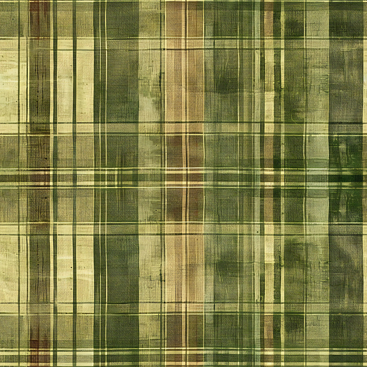 Olive Green Woven Plaid Fabric with Subtle Distressed Effect seamless PBR texture preview
