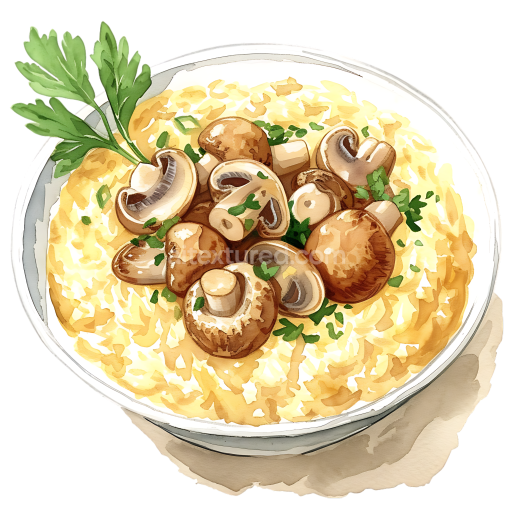 Breakfast Mushroom Risotto Illustration with Fresh Parsley and Creamy Rice