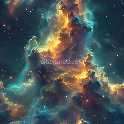 Seamless 3D Space PBR Texture Featuring Glowing Nebula Clouds in Turquoise and Amber