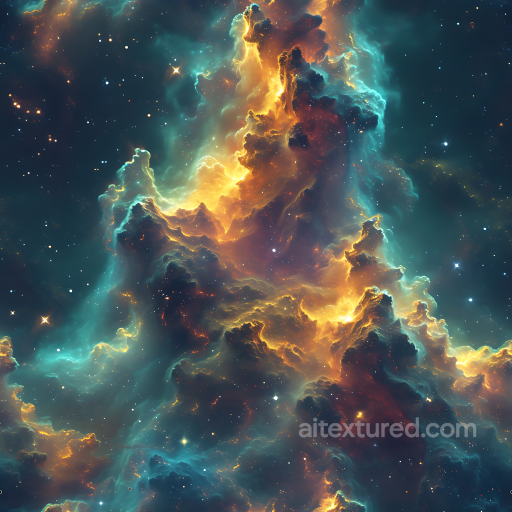 Space PBR Texture Featuring Glowing Nebula Clouds in Turquoise and Amber seamless Star, space, planets PBR texture
