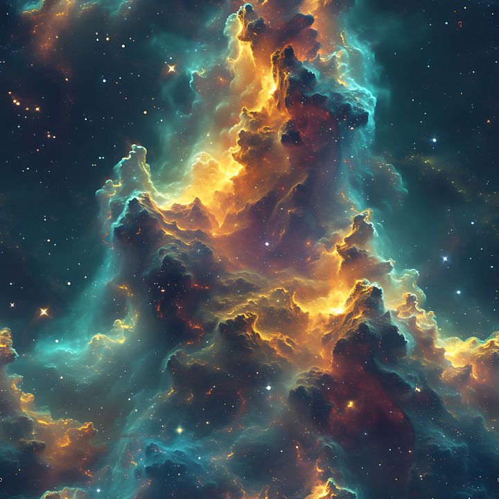 Space Featuring Glowing Nebula Clouds in Turquoise and Amber seamless PBR texture preview