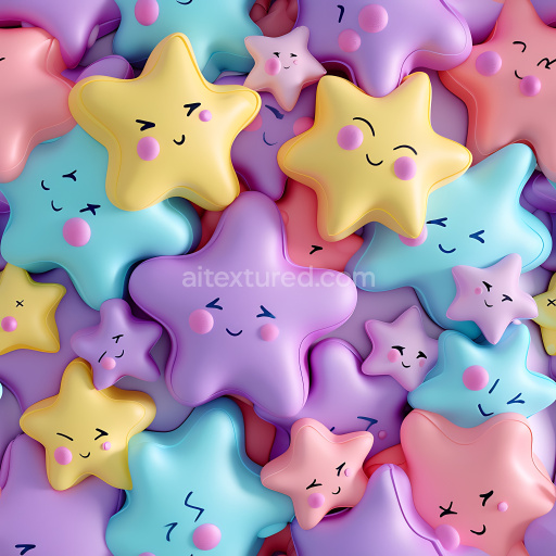 Seamless 3D Inflated PBR Texture of Colorful Puffy Star Cushions with Playful Faces