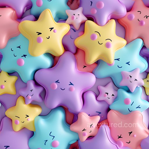 Inflated PBR Texture of Plush Star Cushions in Pastel Colors with Cute Faces seamless Inflated PBR texture