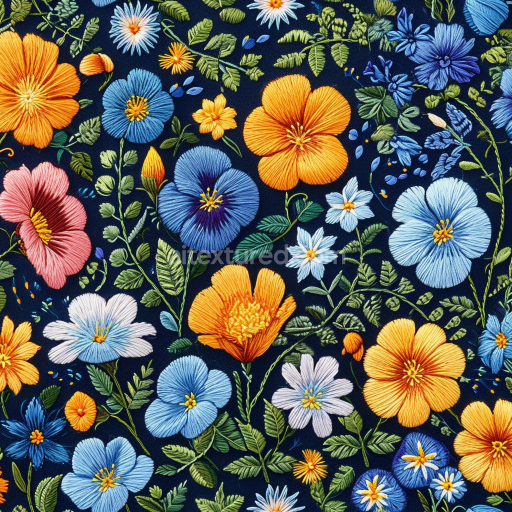Seamless 3D PBR Texture of Colorful Embroidered Floral Pattern on Dark Fabric