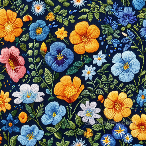 Colorful Embroidered Floral Pattern on Dark Fabric Seamless Texture seamless Embroidered floral PBR texture