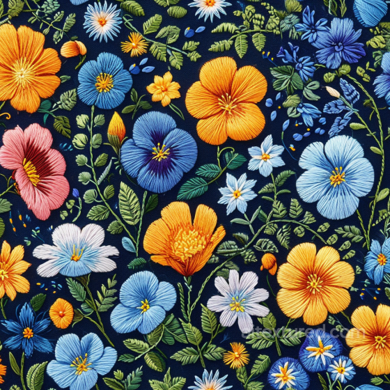 Colorful Embroidered Floral Pattern on Dark Fabric Seamless Texture Embroidered floral texture preview