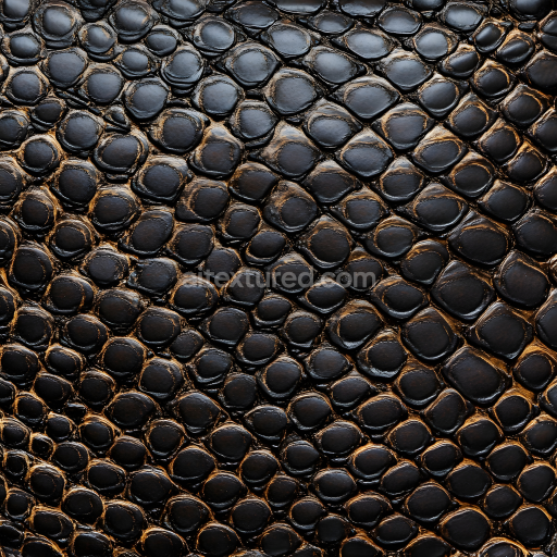 Seamless 3D PBR texture of black reptilian skin with glossy scales and natural wear