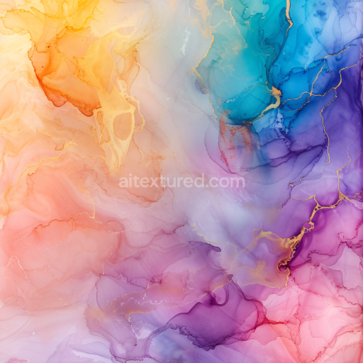 Seamless 3D Alcohol Ink PBR Texture with Pastel Rainbow Swirls and Gold Veins