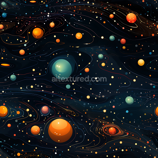 Seamless 3D Space PBR Texture Featuring Stylized Colorful Planets and Orbital Lines