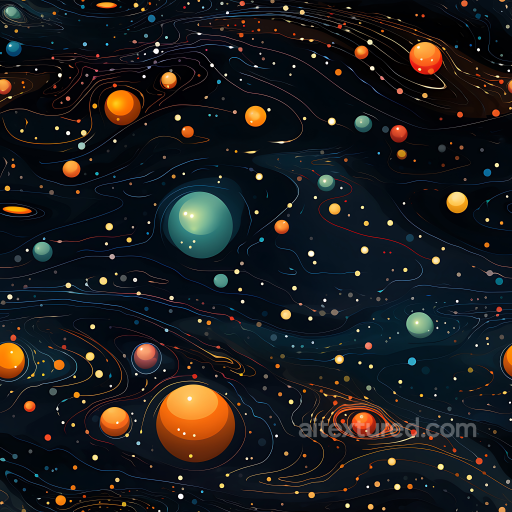 Space PBR Texture Featuring Stylized Colorful Planets and Orbital Lines seamless Star, space, planets PBR texture