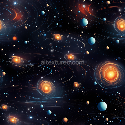 Seamless 3D Space PBR Texture Featuring Glowing Galaxies and Orbiting Planets