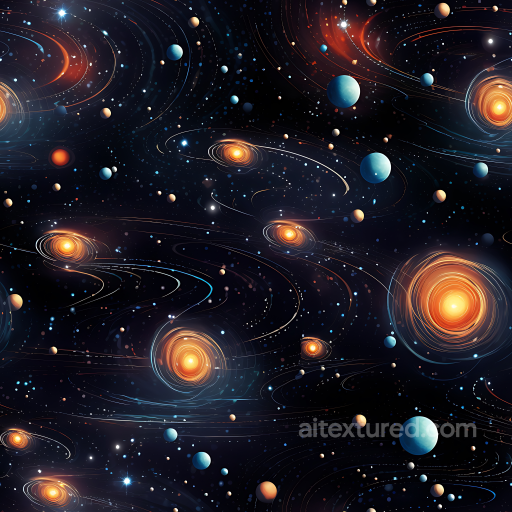 Space PBR Texture Featuring Glowing Galaxies and Orbiting Planets seamless Star, space, planets PBR texture