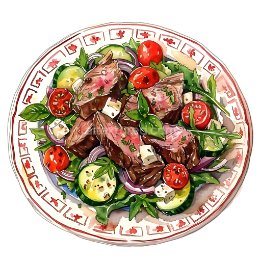 Greek Lamb Salad Breakfast Plate Illustration with Fresh Vegetables and Herbs