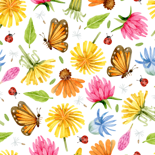 Seamless 3D PBR Texture of Watercolor Butterflies and Flowers on White Fabric